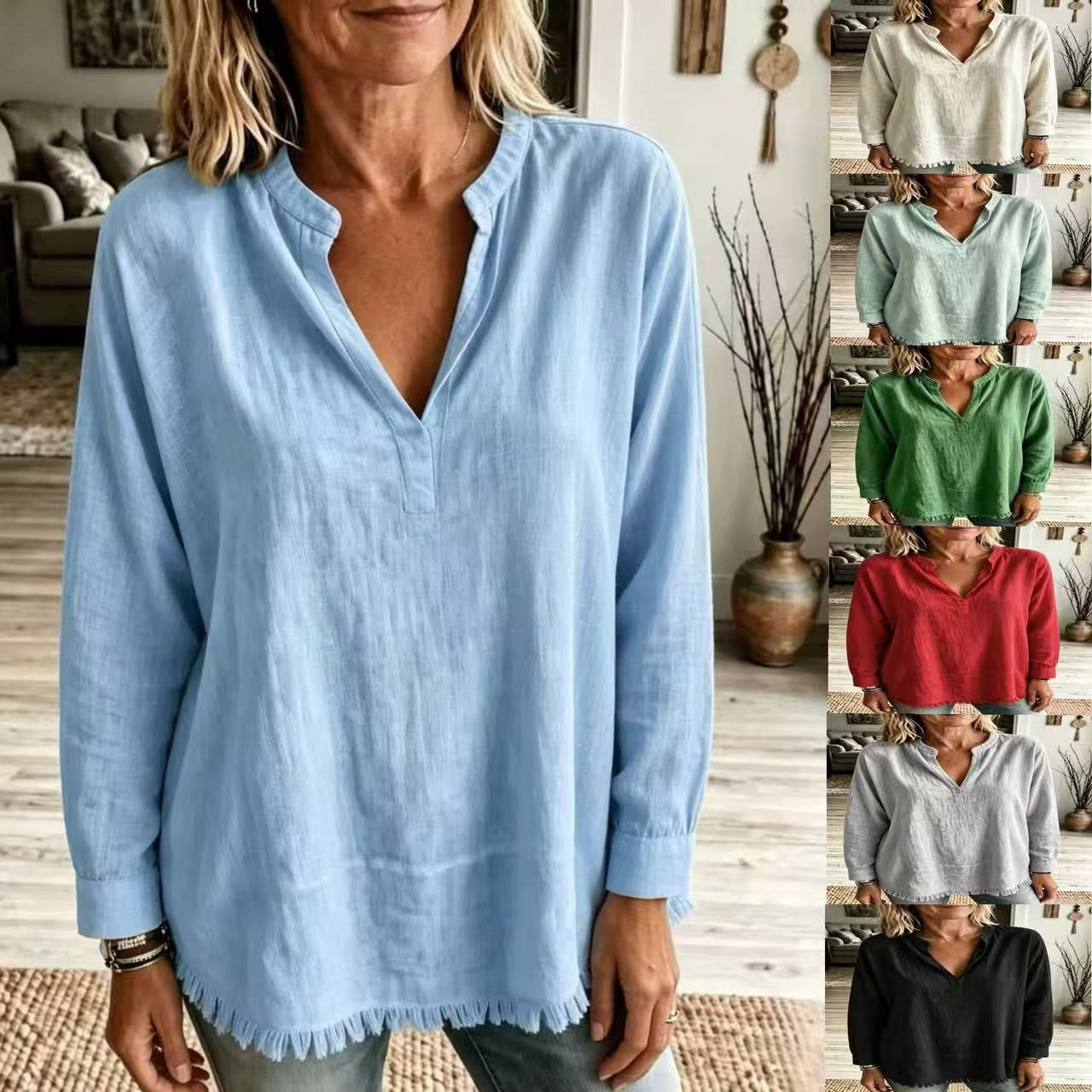 Women Solid Shirt Notch Collar V Neck Long Sleeve Tassel Fringe Hem Loose Casual Blouse Tops Spring Summer