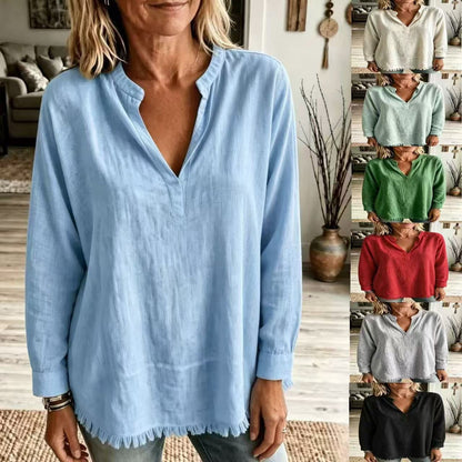 Women Solid Shirt Notch Collar V Neck Long Sleeve Tassel Fringe Hem Loose Casual Blouse Tops Spring Summer