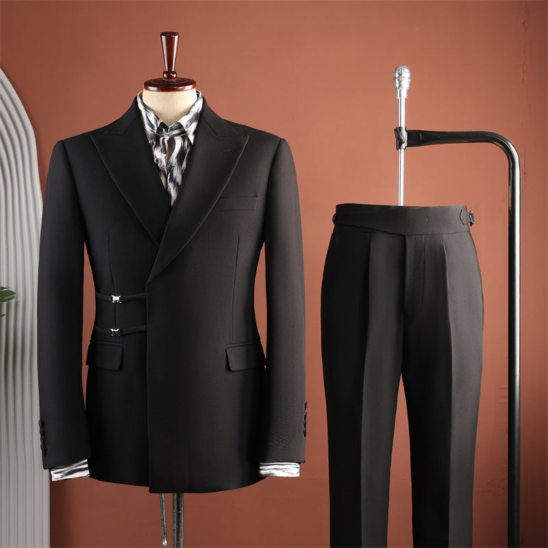 Men Black Peak Lapel Side Buckle 2 Piece Suit Set Gurkha Trousers