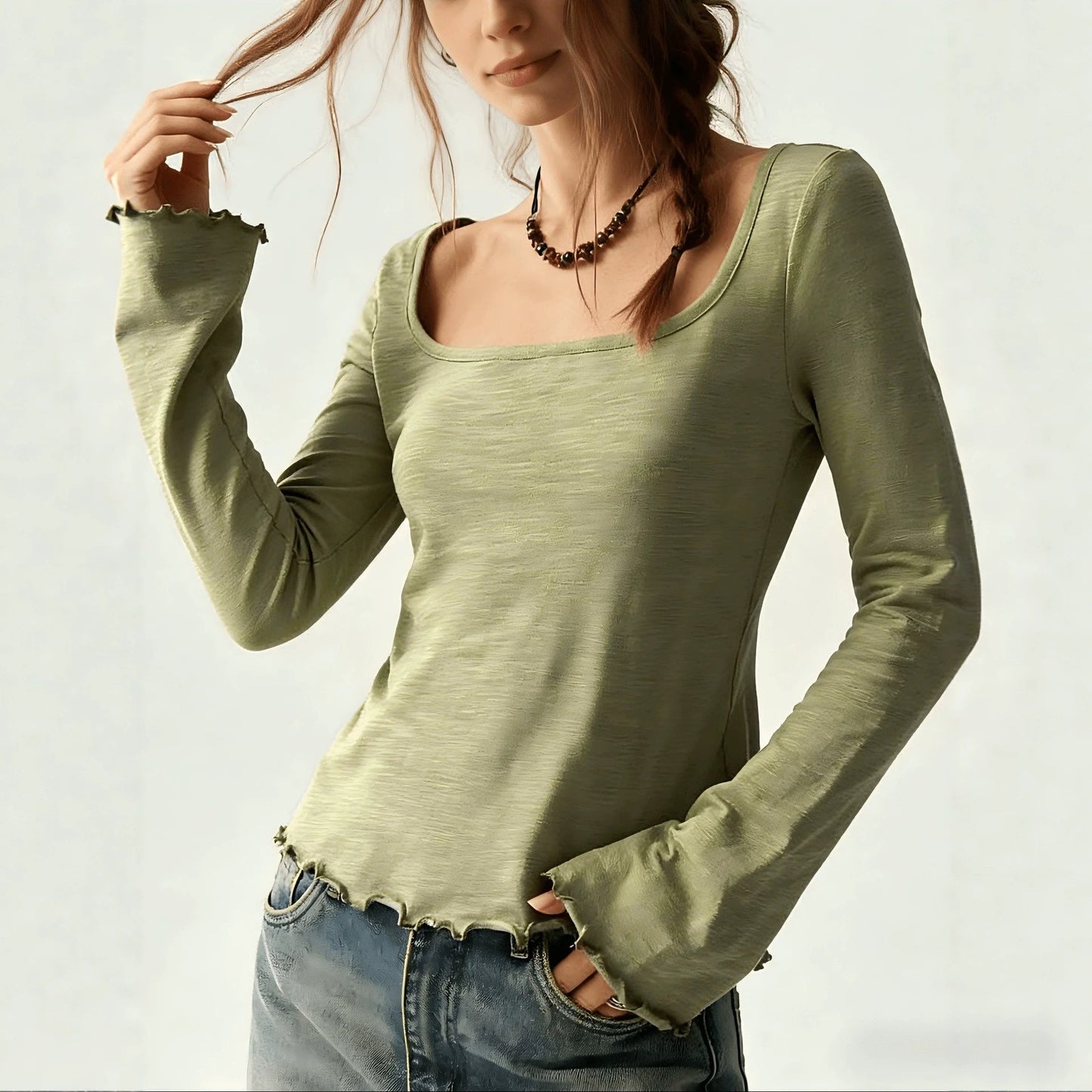 Wide-neck Long-sleeve Top Basic T-shirt