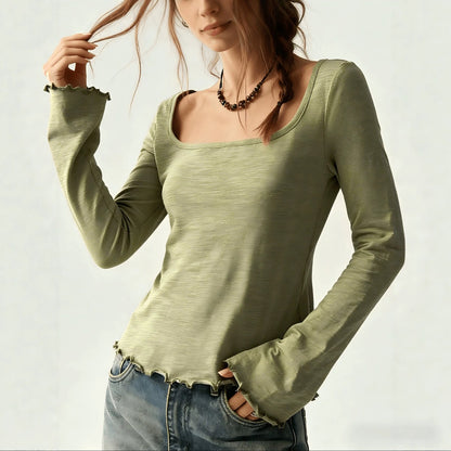 Wide-neck Long-sleeve Top Basic T-shirt