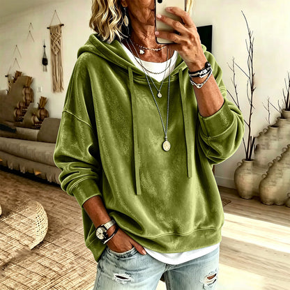 Womens Casual Solid-Color Hooded Long-Sleeve Top With Drawstring