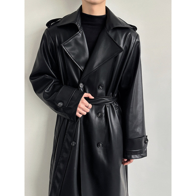 Men's Double-Breasted Leather Long Trench Coat