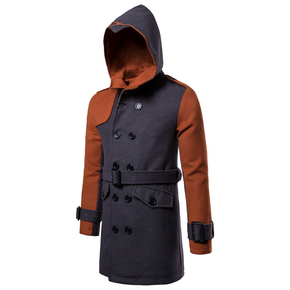 Double-breasted Hooded Belted Mid-length Wool Trench Coat