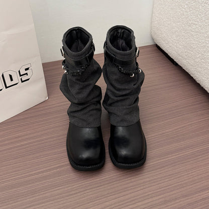 Vintage Style Block Heel Pleated Pants Tube Boots Womens 2026 Autumn New Arrival Trendy Fashion Boots Martin Boots Slouchy Ankle Boots