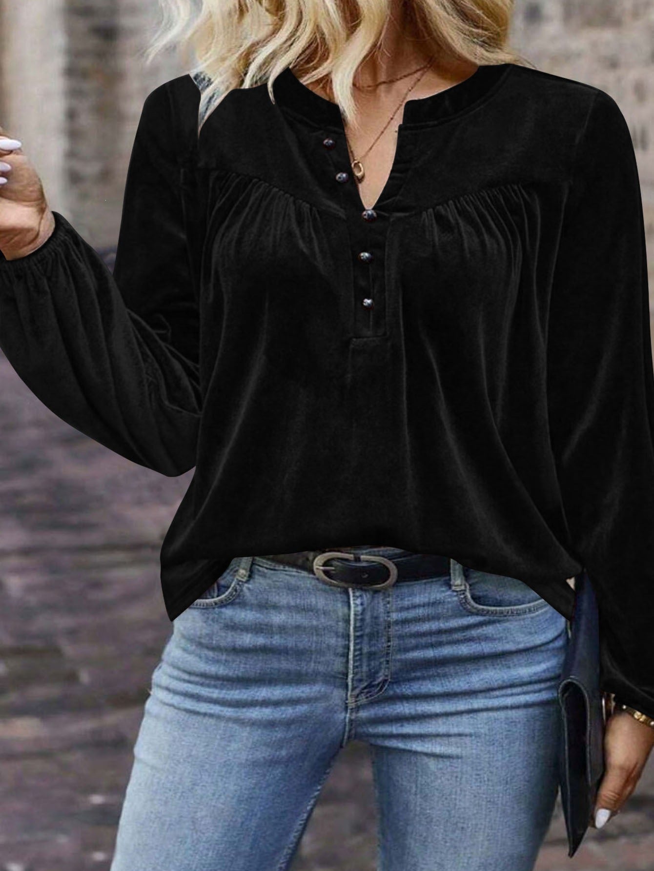 Women's Casual Chic Solid Color V-Neck Button Long Sleeve Pullover Top For Spring & Fall