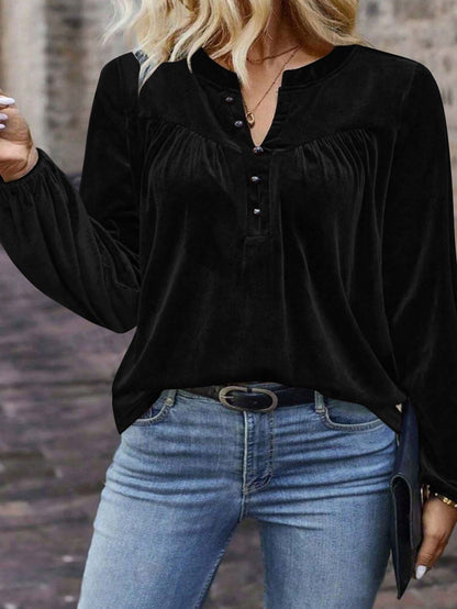 Women's Casual Chic Solid Color V-Neck Button Long Sleeve Pullover Top For Spring & Fall
