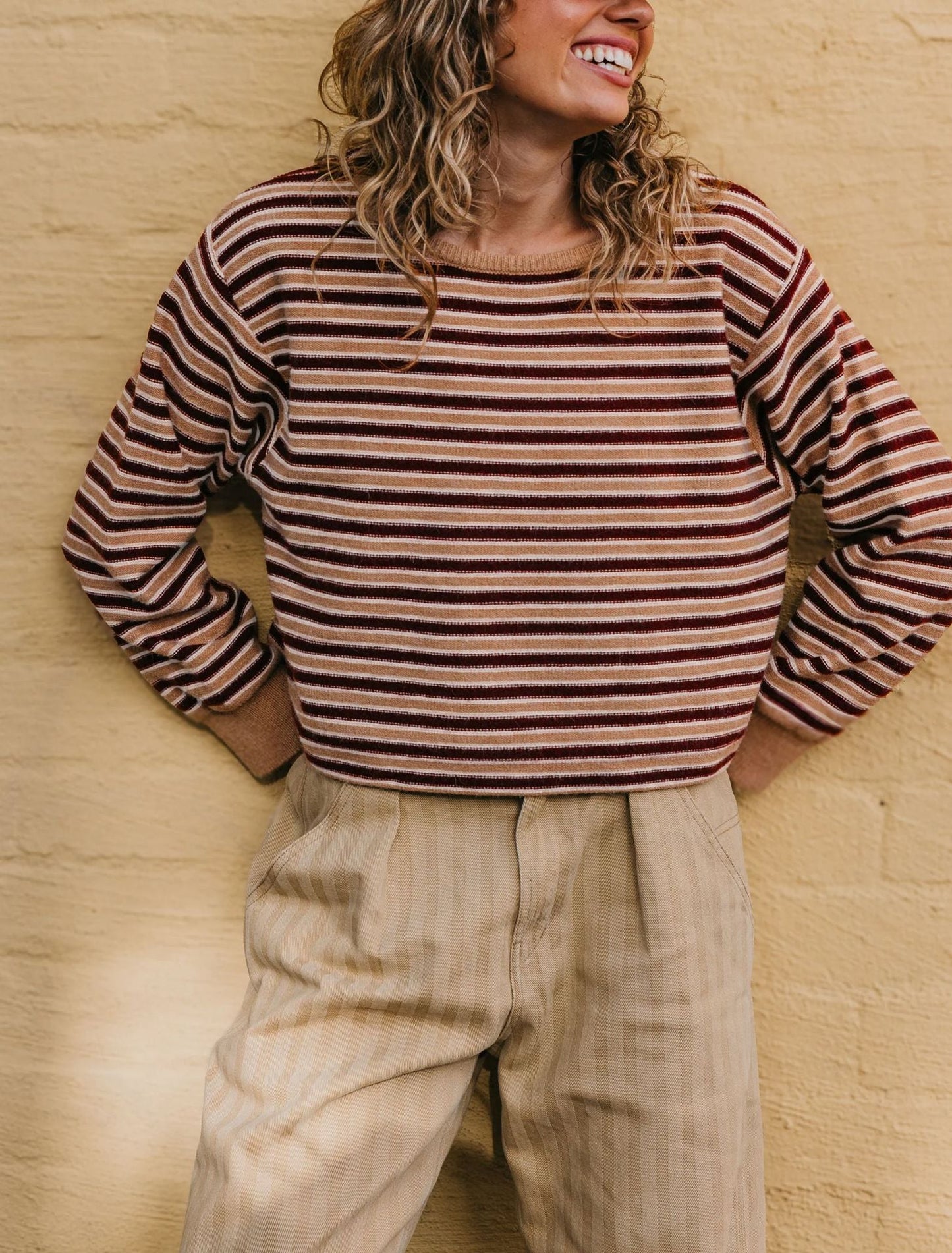 Womens Round-neck Knitted Striped Color-block Sweater
