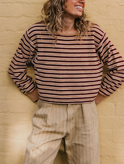 Womens Round-neck Knitted Striped Color-block Sweater
