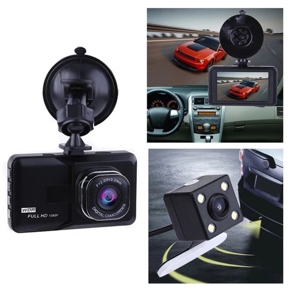 Car dashboard camera with suction cup, in-car view, and side view on a white background.