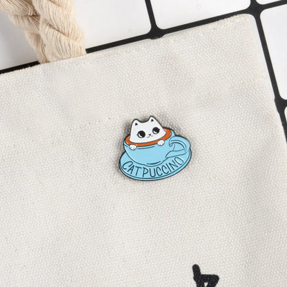 Blue Teacup White Cat Coffee Brooch