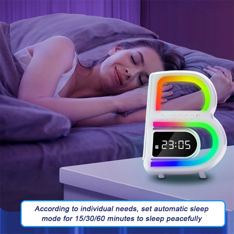New B-Shaped Blutooth Speaker Multifunctional Smart Music Rhythm Lighting Phone Wireless Charger TF Card AUX Input Standard Mode