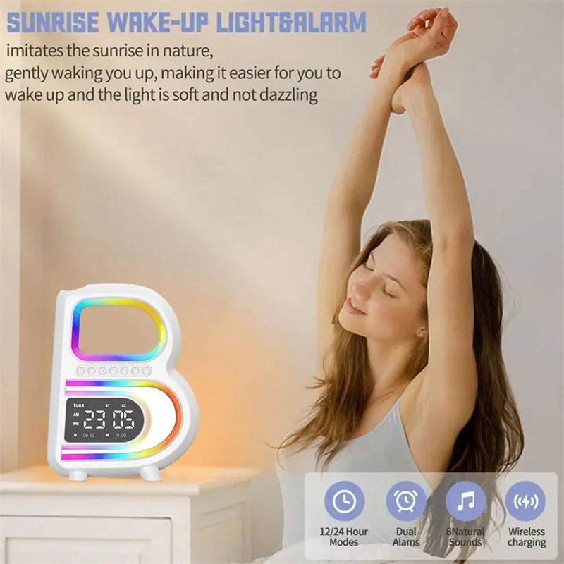 New B-Shaped Blutooth Speaker Multifunctional Smart Music Rhythm Lighting Phone Wireless Charger TF Card AUX Input Standard Mode