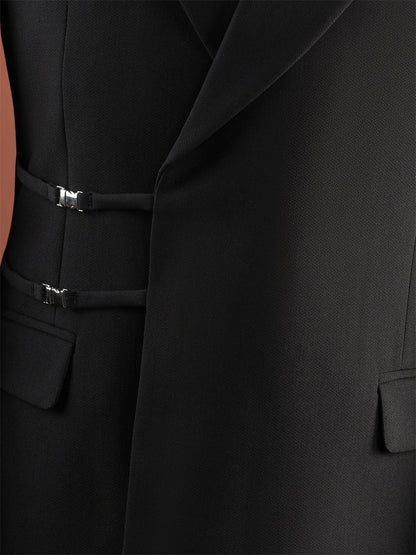 Men Black Peak Lapel Side Buckle 2 Piece Suit Set Gurkha Trousers
