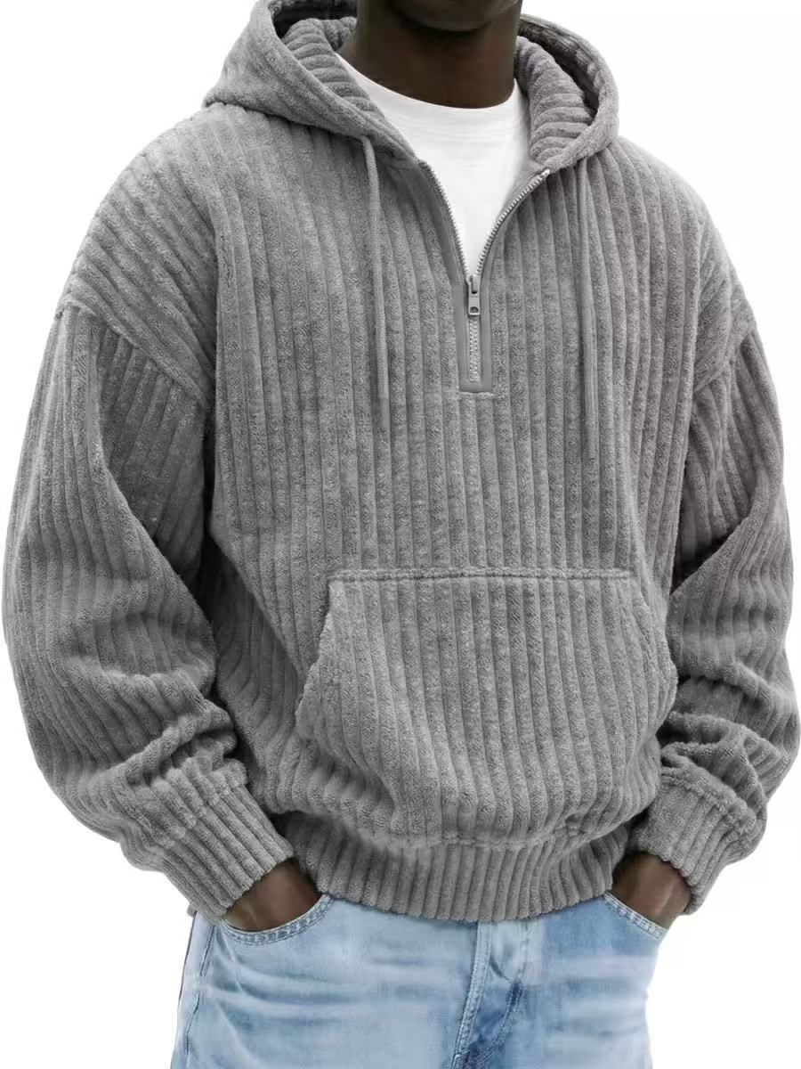 Solid-color Loose-fitting Corduroy Mens Hoodie