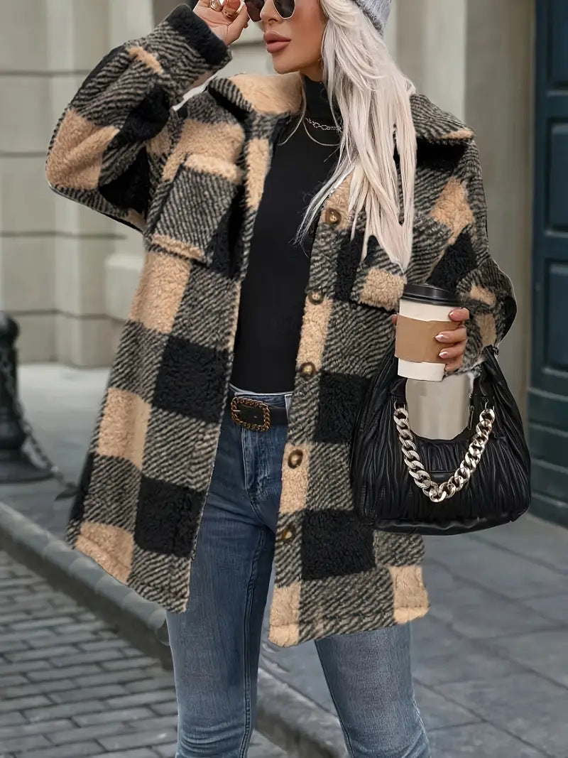 Womens Fallwinter Lambswool Lapel Loose-fit Casual Plaid Plush Long-sleeve Coat