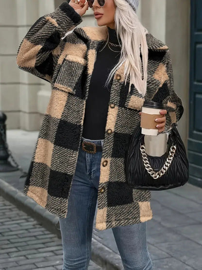 Womens Fallwinter Lambswool Lapel Loose-fit Casual Plaid Plush Long-sleeve Coat