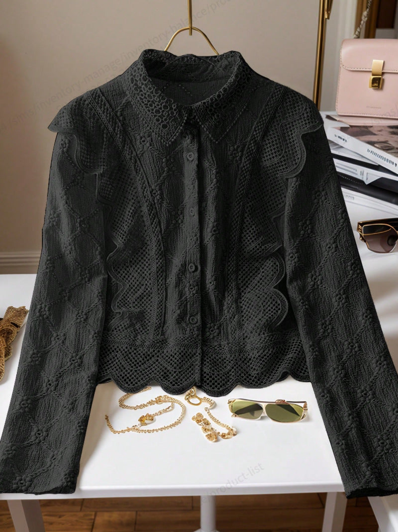 Hollow-out Suit-collar Long-sleeve Single-breasted Casual Lace-patchwork Blouse