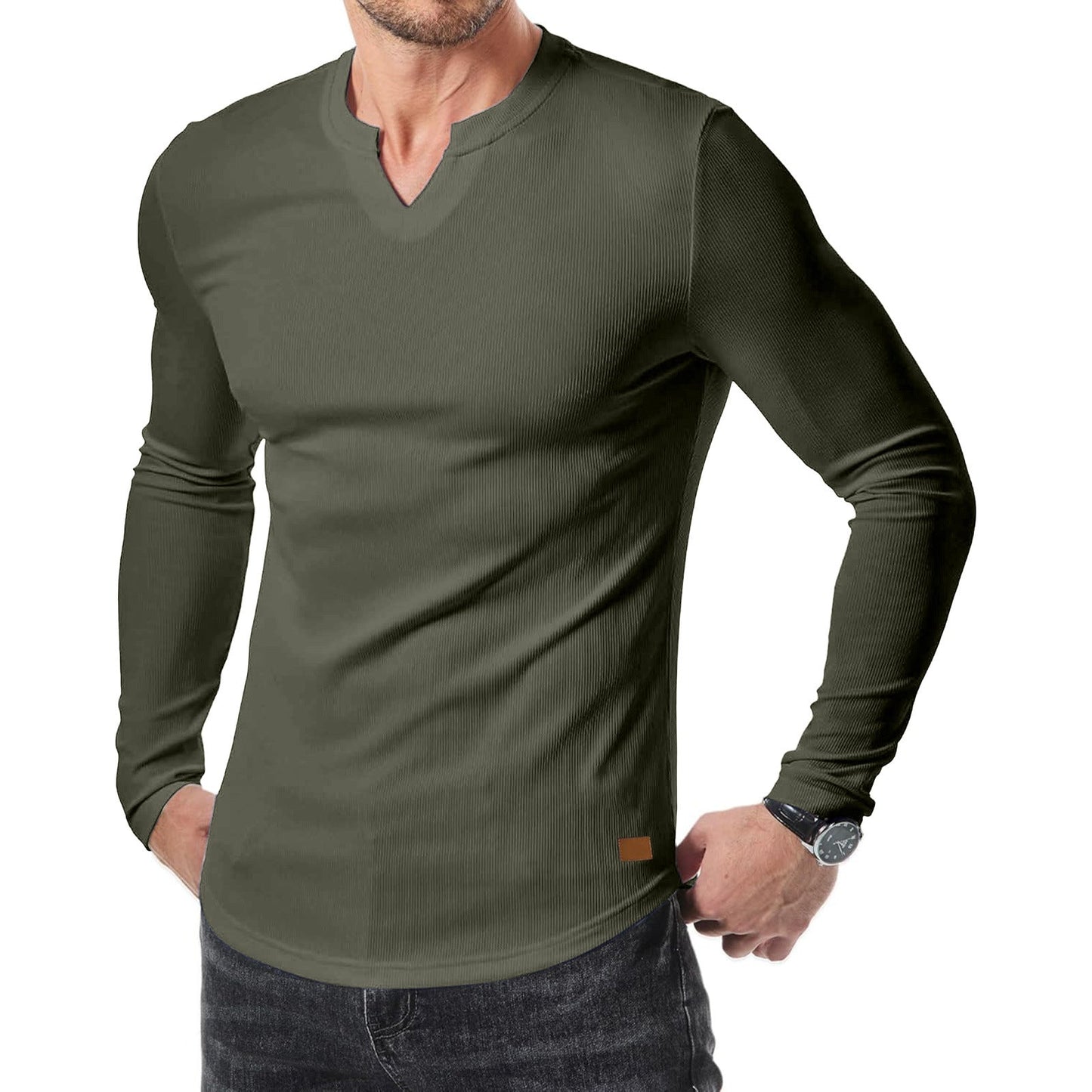 Cross-border Amazon New Foreign Trade Autumn And Winter Men's V-neck Pit T-shirt Solid Color Casual Fashion Men's Long Sleeve