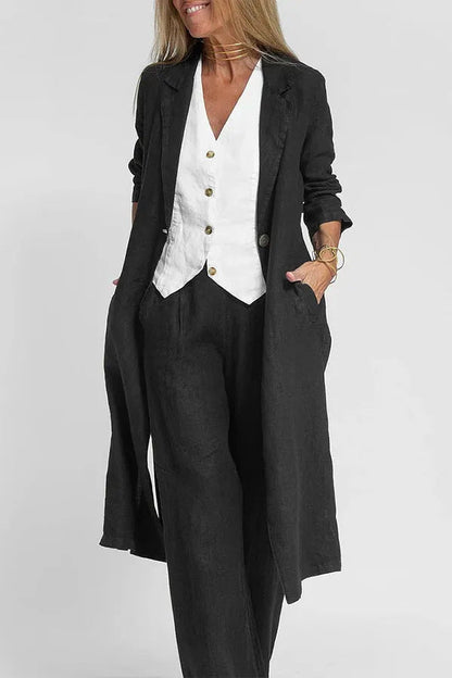 Long-sleeve Buttoned Cotton-linen Trench Coat With A Suit Collar