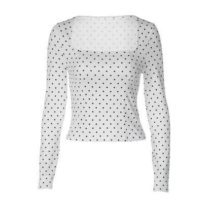 Polka-dot Square-neckline Waist-defined Long-sleeve Top For Women