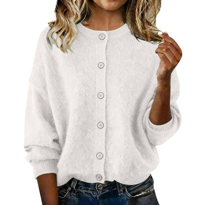 2025 European And American Cross-Border Autumn And Winter Women's Knitted Round Neck Long-Sleeved Pure Color Casual Fashion Knitted Cardigan