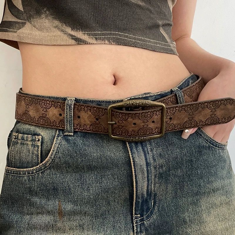 American-style Vintage Embossed Distressed Leather Belt With A Bronze Buckle, Versatile For Jeans