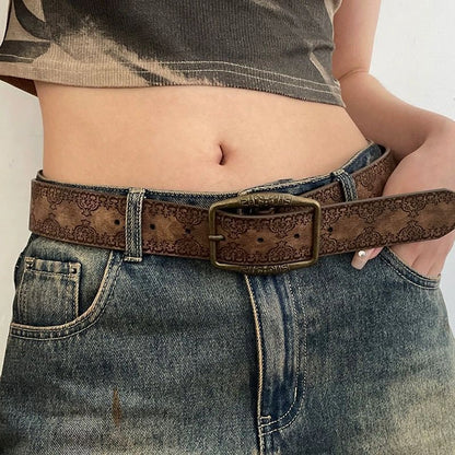 American-style Vintage Embossed Distressed Leather Belt With A Bronze Buckle, Versatile For Jeans
