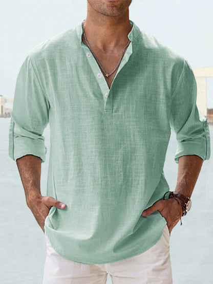 Trade Men's Linen Collar Long-sleeved T-shirt Loose T-shirt Solid Color Long-sleeved Cotton And Linen Shirt For Men