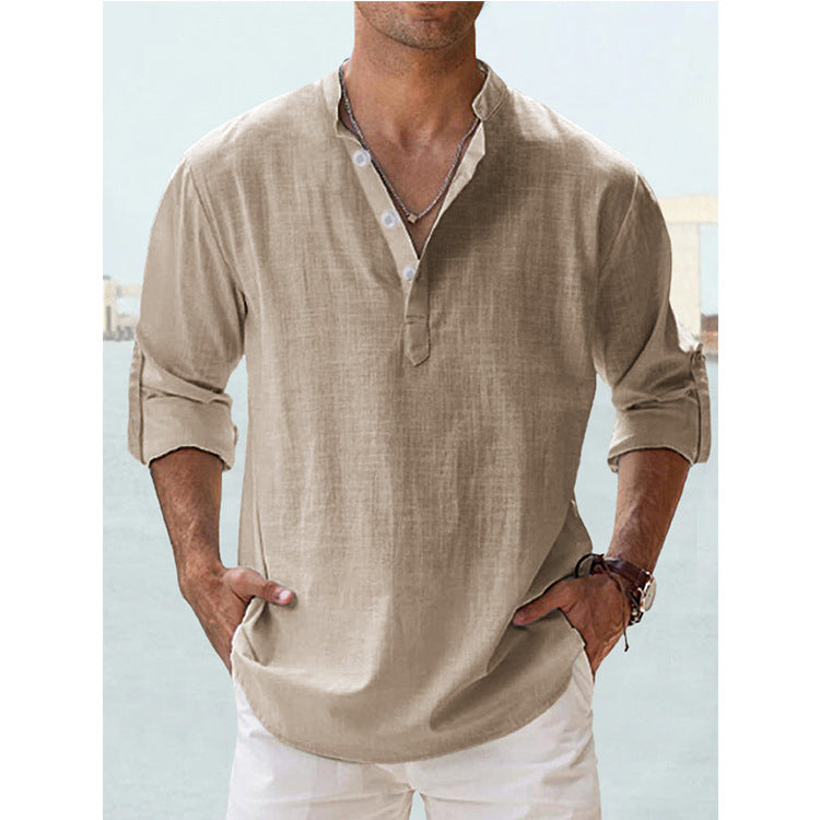 Trade Men's Linen Collar Long-sleeved T-shirt Loose T-shirt Solid Color Long-sleeved Cotton And Linen Shirt For Men
