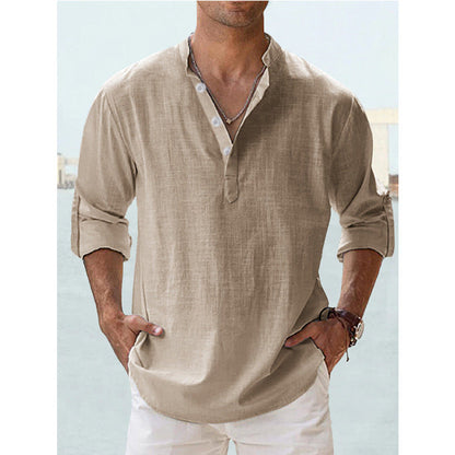 Trade Men's Linen Collar Long-sleeved T-shirt Loose T-shirt Solid Color Long-sleeved Cotton And Linen Shirt For Men