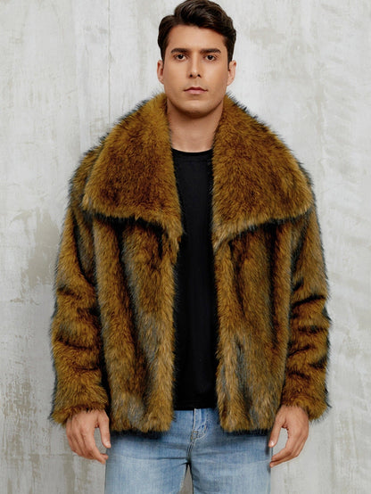Mens Short Lapel-style Faux Fur Jacket Warm Outerwear