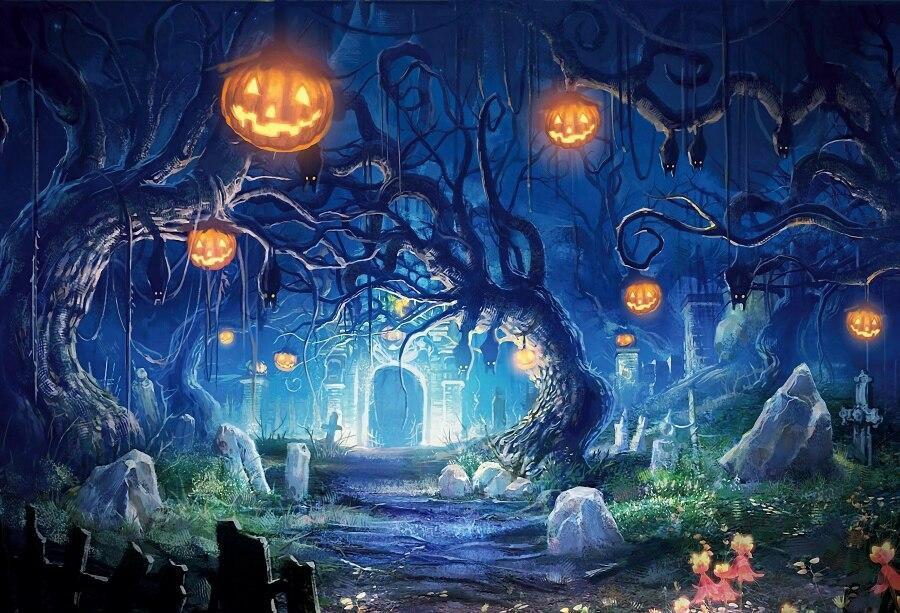 Halloween-themed forest with glowing jack-o'-lanterns and eerie atmosphere.