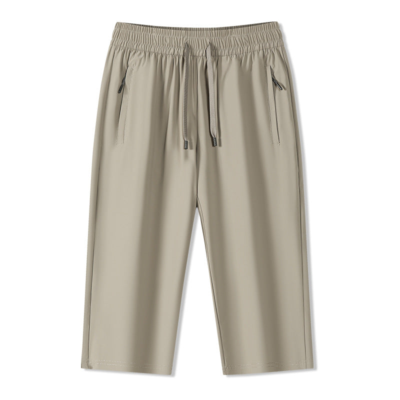 Solid Ice Silk Seven Length Casual Pants For Men Summer Cool Breathable Trousers 3 Zippered Pockets