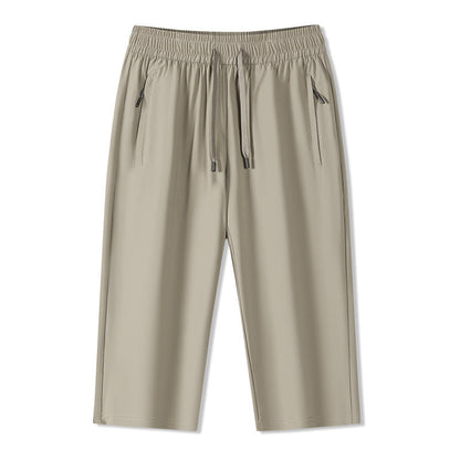 Solid Ice Silk Seven Length Casual Pants For Men Summer Cool Breathable Trousers 3 Zippered Pockets