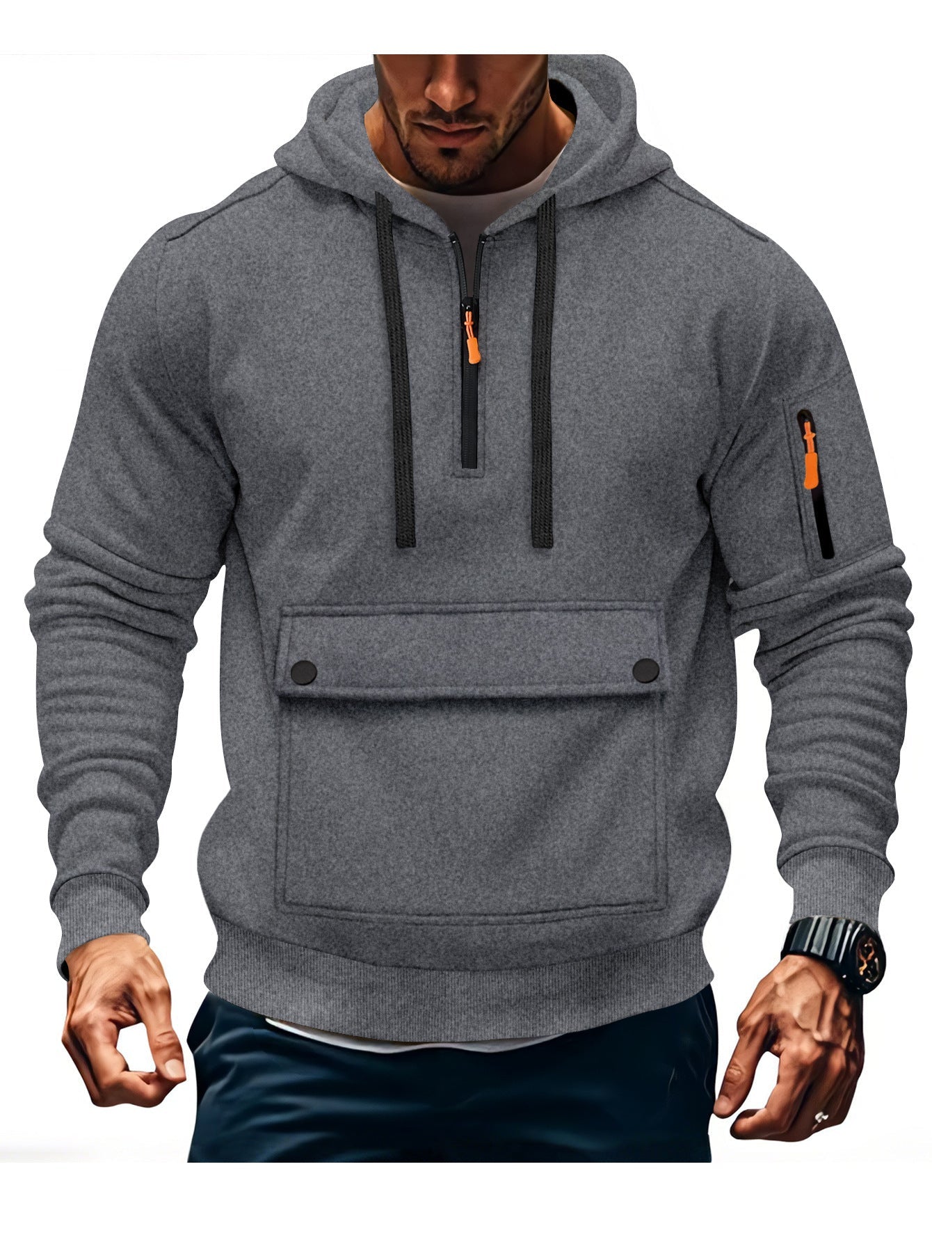 Mens Hooded Sweatshirt Jacket With Zippered Sleeves And Large Pockets