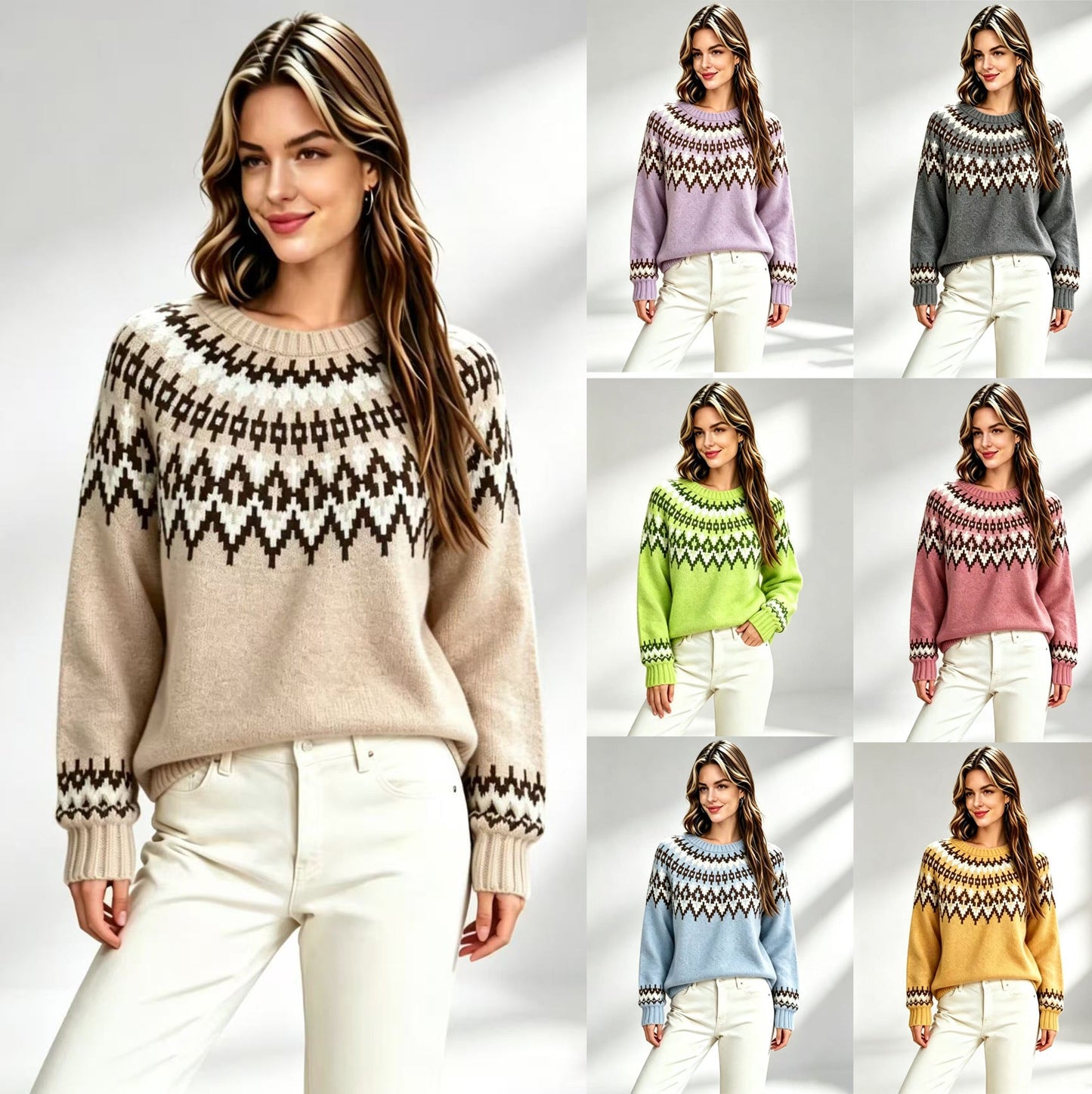 Womens Retro Fair-Isle Knit Crew-Neck Sweater