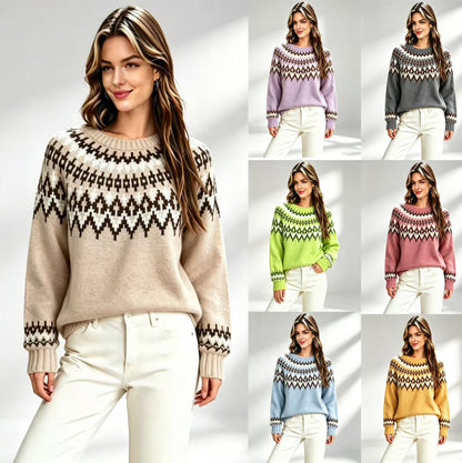 Womens Retro Fair-Isle Knit Crew-Neck Sweater