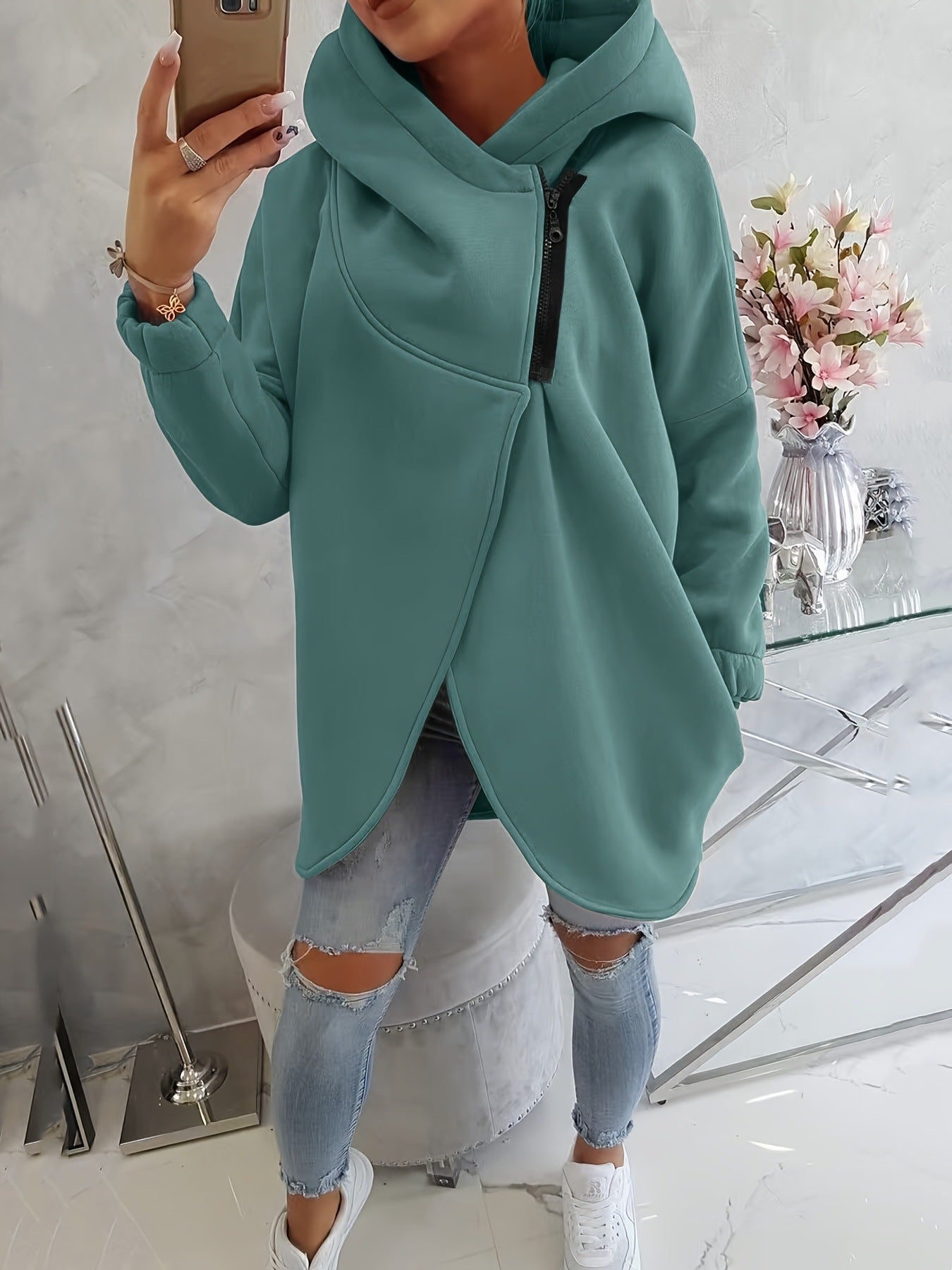 2025 European And American Cross-Border Women's Long-Sleeved Casual Black Hooded Jacket Sweatshirt With Front Pocket Zipper Hoodie