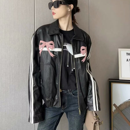 Women's Bow-Knot Zipper Leather Jacket