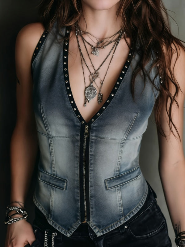 Women's V-neck Zipper Sleeveless Slim-fit Short Vest