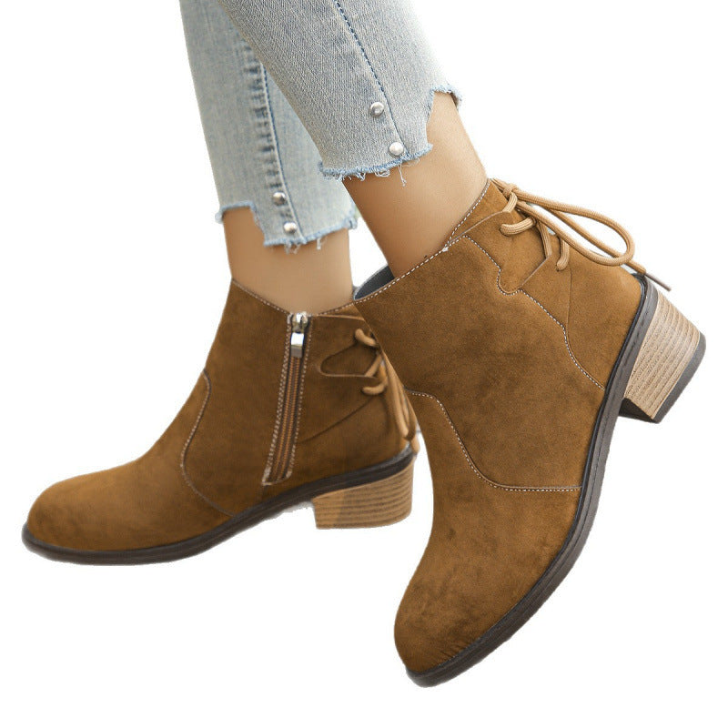 Plus Size Back Bandage Retro Chunky Heel Side Zipper Martin Boots