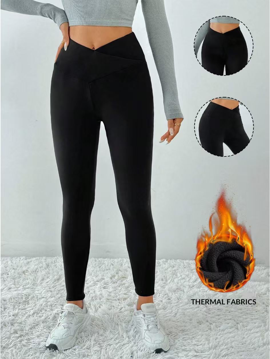 Popular Cross-Border Yoga Pants With Fleece, Cross High-Waisted, Breathable, Butt-Lifting, Tummy Control, Sports Outdoor Leggings For Women