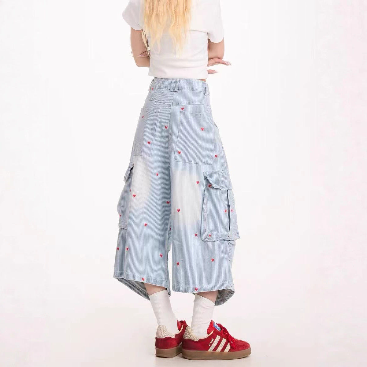 Love-Heart Print Designer-Style Cropped Denim Jeans For Women Summer