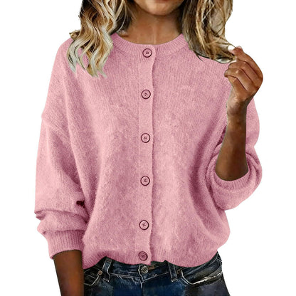 2025 European And American Cross-Border Autumn And Winter Women's Knitted Round Neck Long-Sleeved Pure Color Casual Fashion Knitted Cardigan