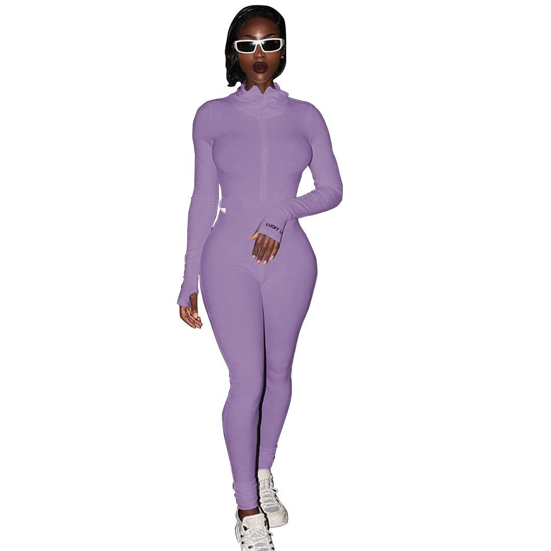 Women's Zipper Stretch Turtleneck Slim Fit Fitness Jumpsuit