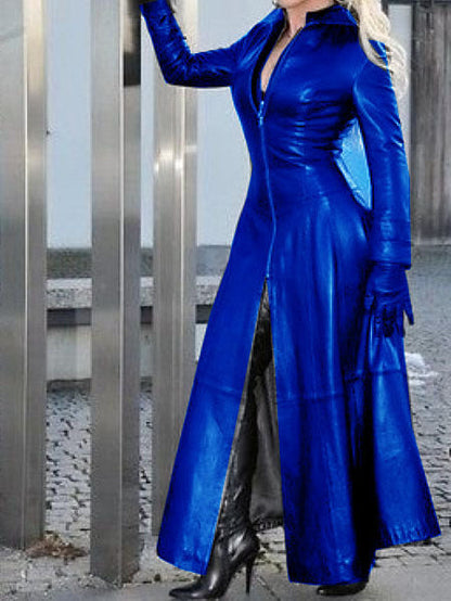 Women's Fashion Long Leather Coat With Stand Collar