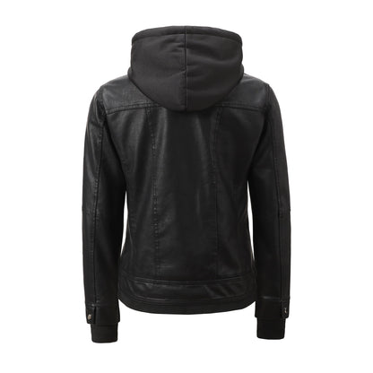 Detachable-hooded Biker Jacket Waist-cinching Faux-leather Coat That Flatters