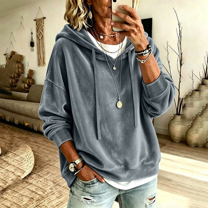 Womens Casual Solid-Color Hooded Long-Sleeve Top With Drawstring
