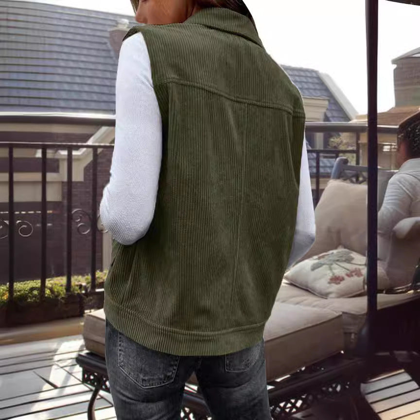 Corduroy Patchwork Sleeveless Cardigan Vest